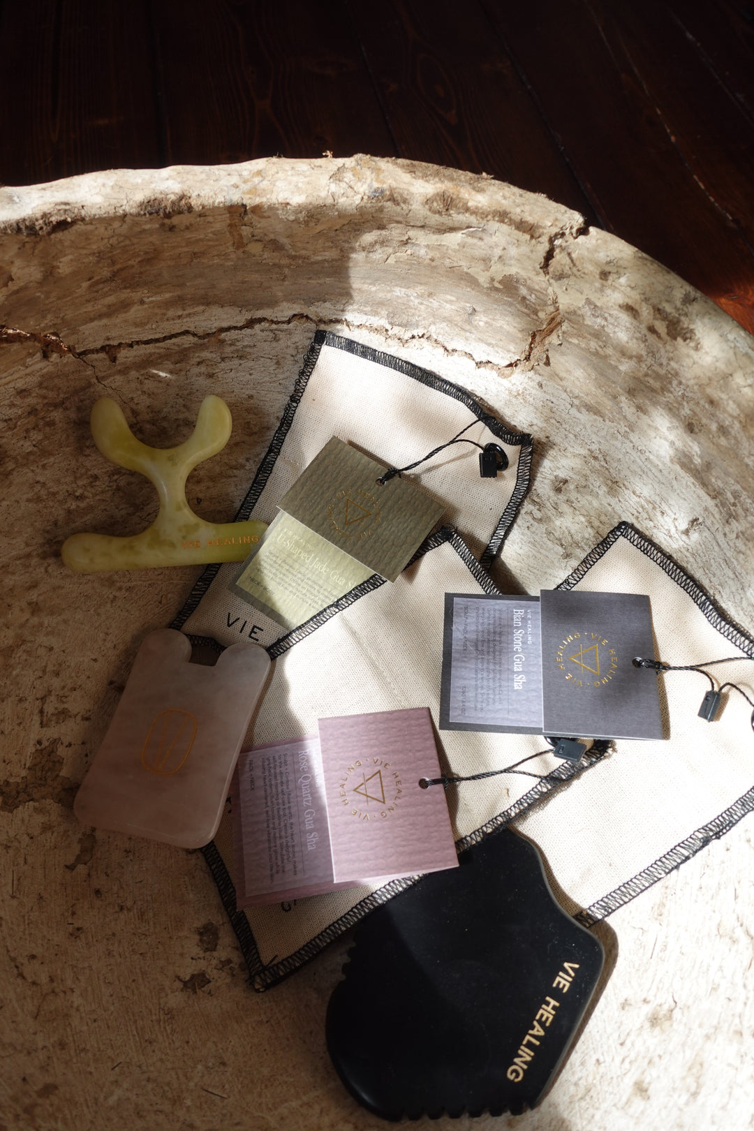 VIE HEALING The Gua Sha Trio — rose quartz, jade and Bian stone facial gua sha tool set