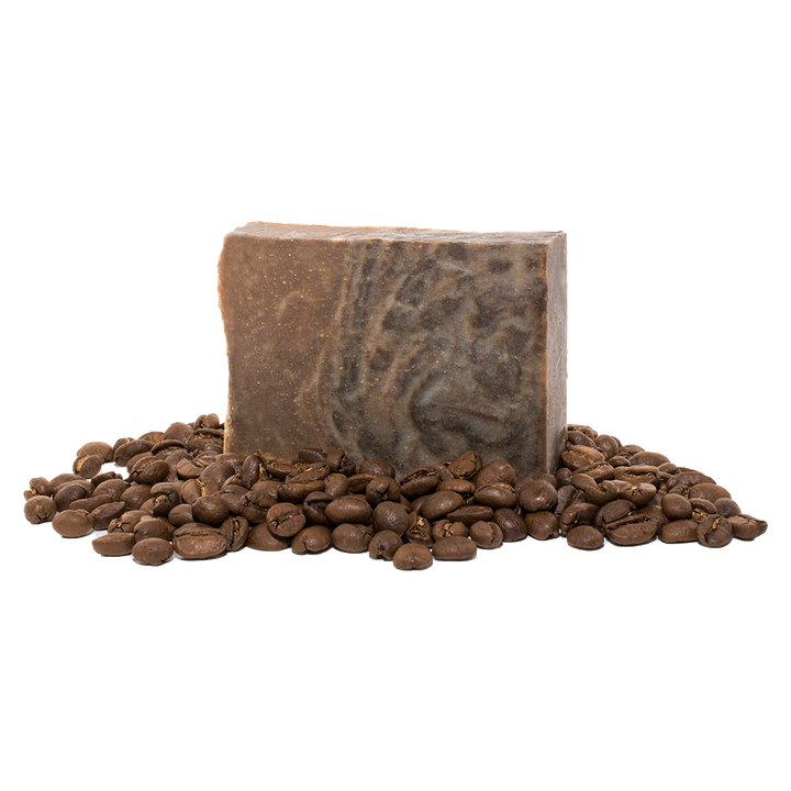 Coffee flavored soap in a bed of ground coffee