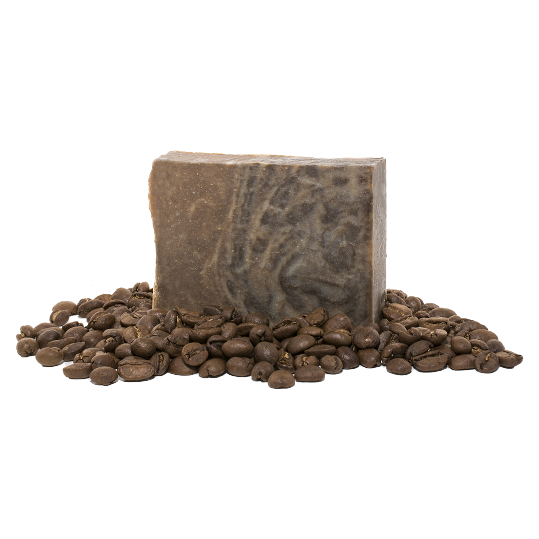 Coffee flavored soap in a bed of ground coffee