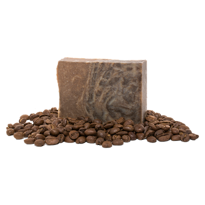 Coffee flavored soap in a bed of ground coffee